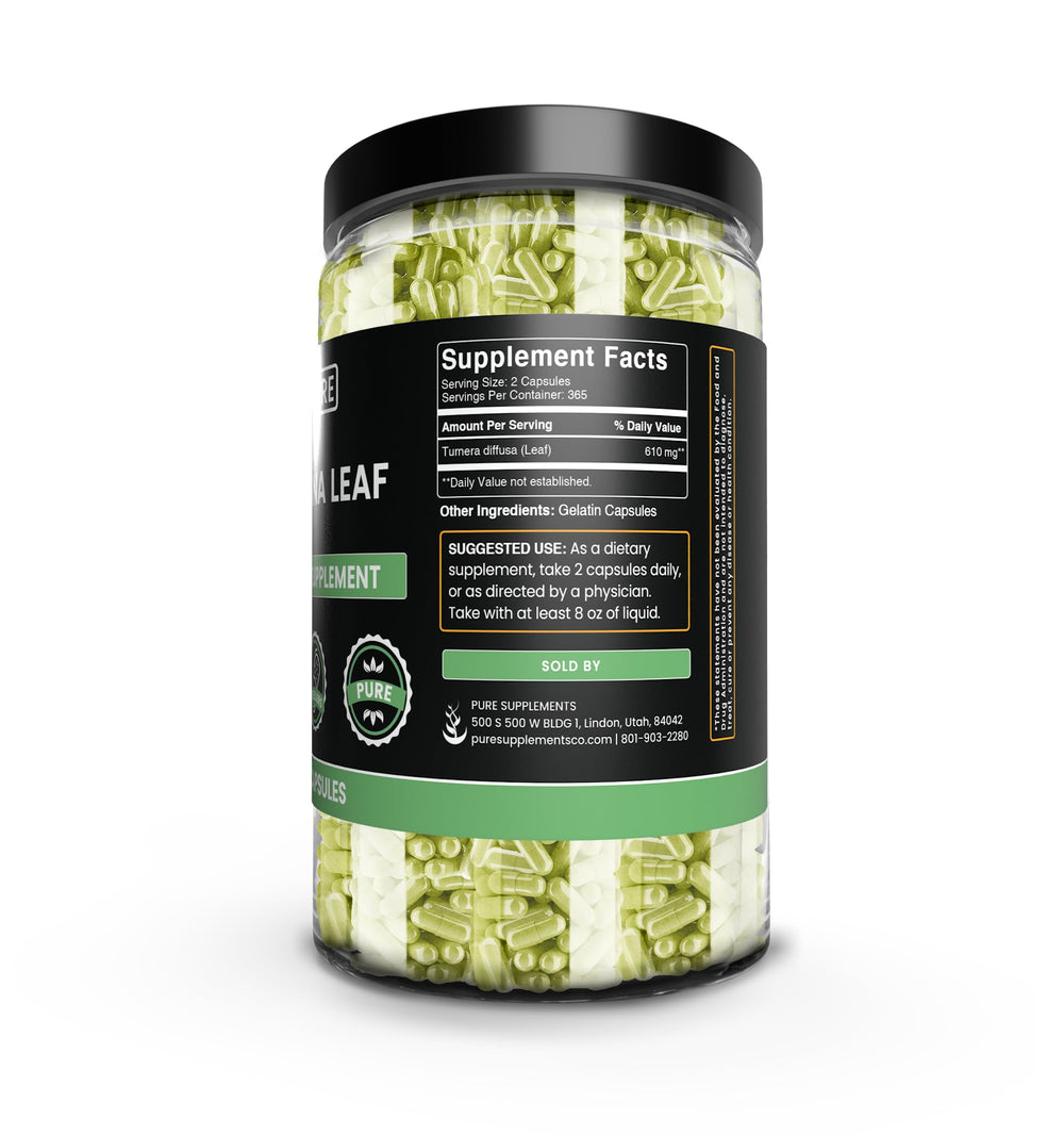 Damiana leaf capsules packaging by Pure Original Ingredients, convenient 730-count bottle.