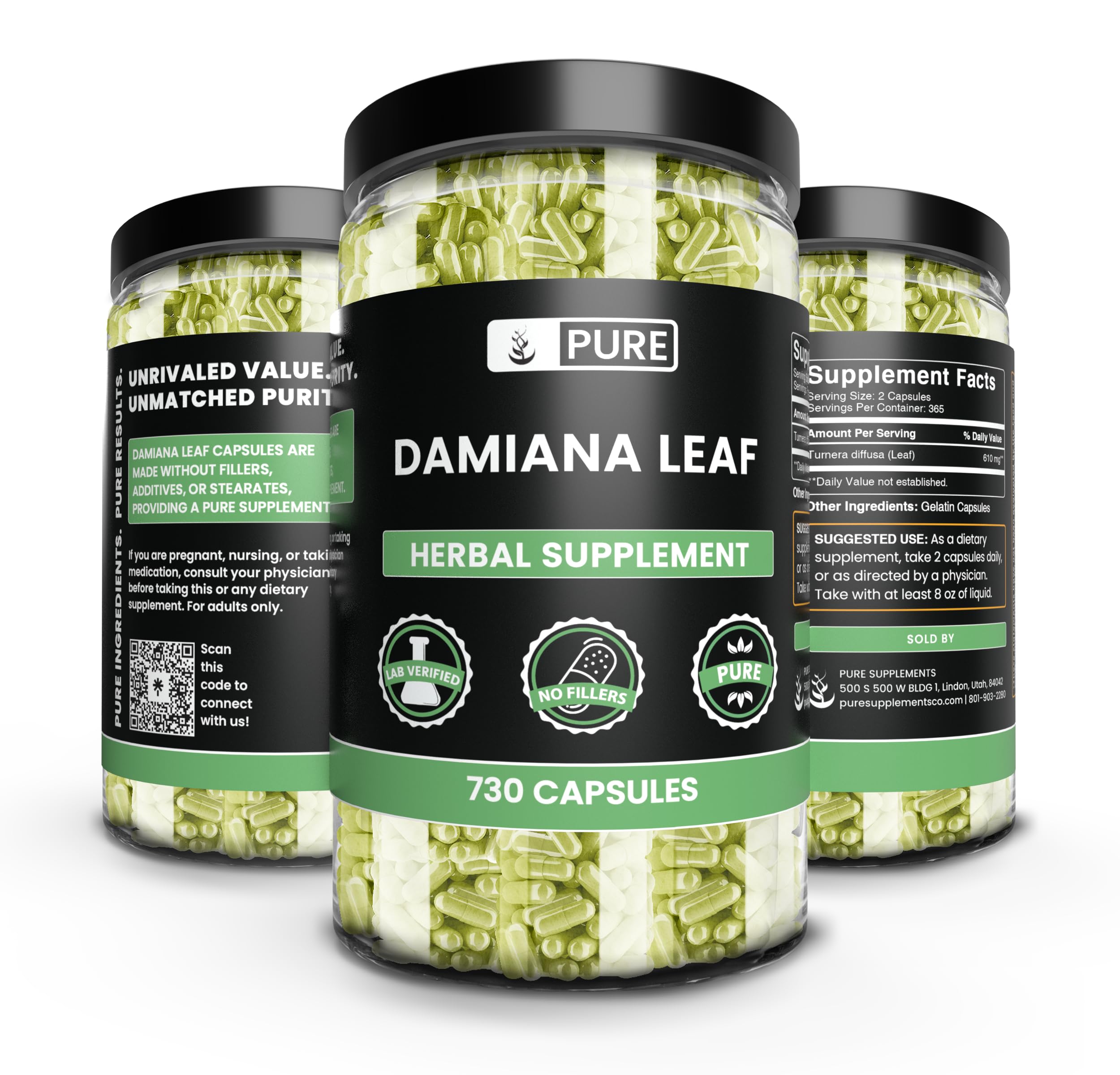 Pure Original Damiana leaf capsules pour showing simple, pure presentation.