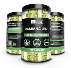Pure Original Damiana leaf capsules pour showing simple, pure presentation.
