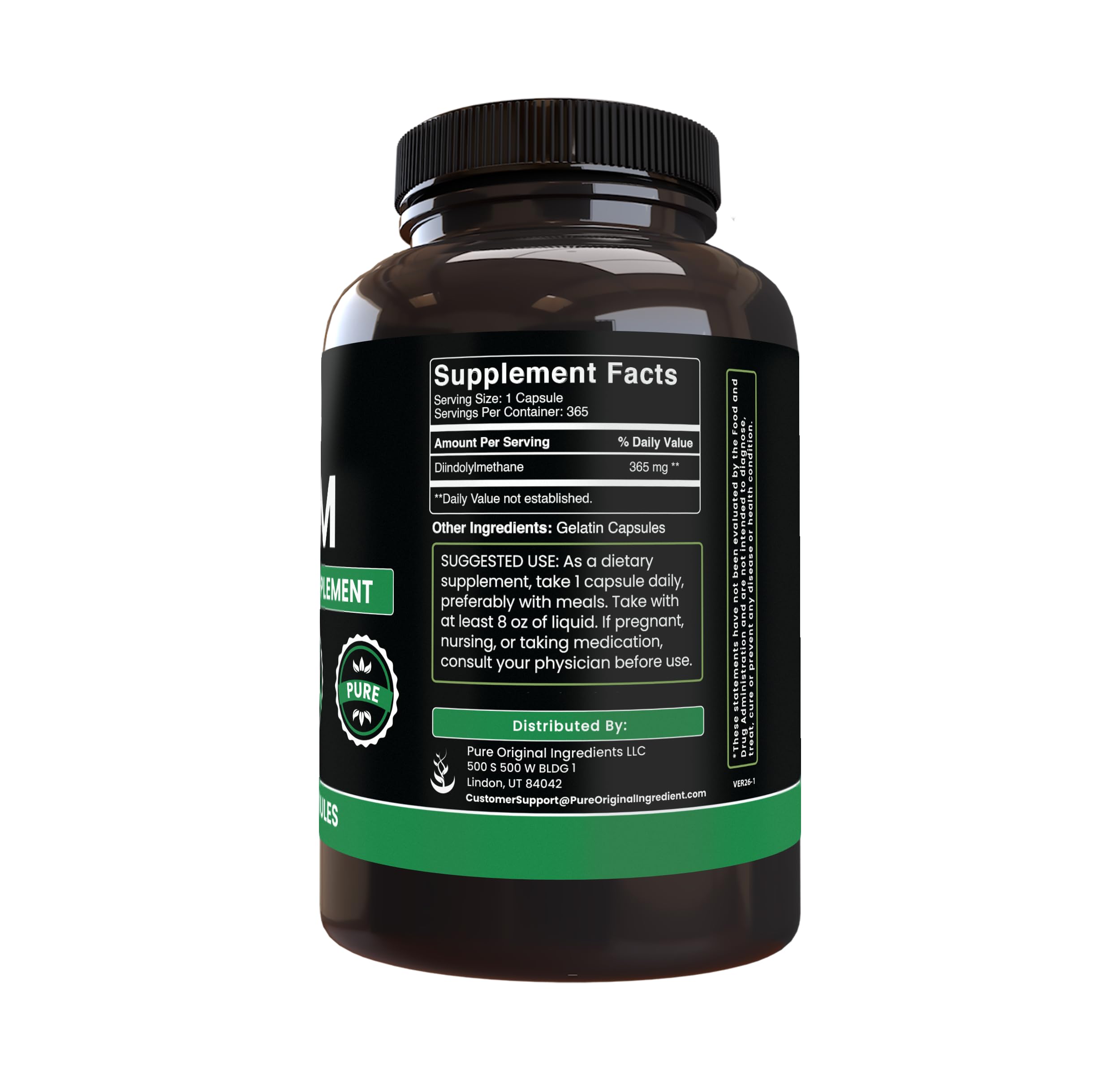 Pure Original Ingredients DIM capsules close-up highlights pure formula with no fillers.