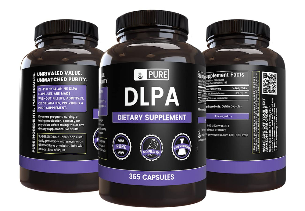DLPA label close-up on Pure Original Ingredients bottle highlighting purity and quality.