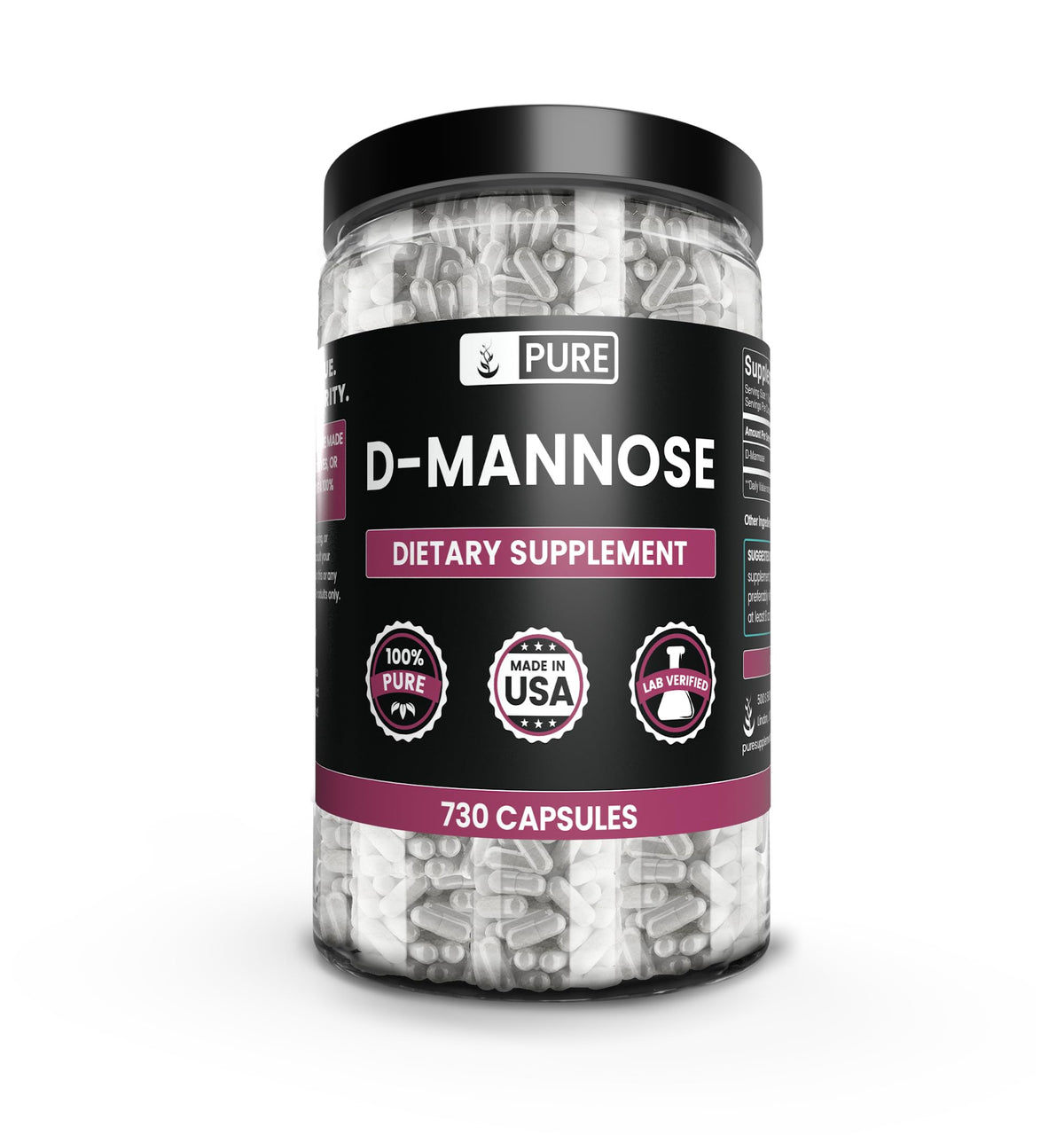 PURE ORIGINAL INGREDIENTS D-Mannose bottle front with pure single-ingredient capsules for daily use