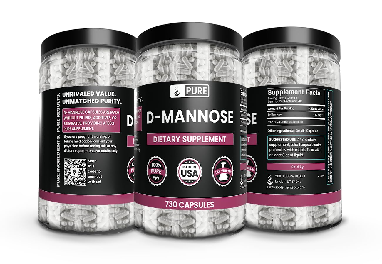 PURE ORIGINAL INGREDIENTS D-Mannose label close-up showing Utah packaging and quality