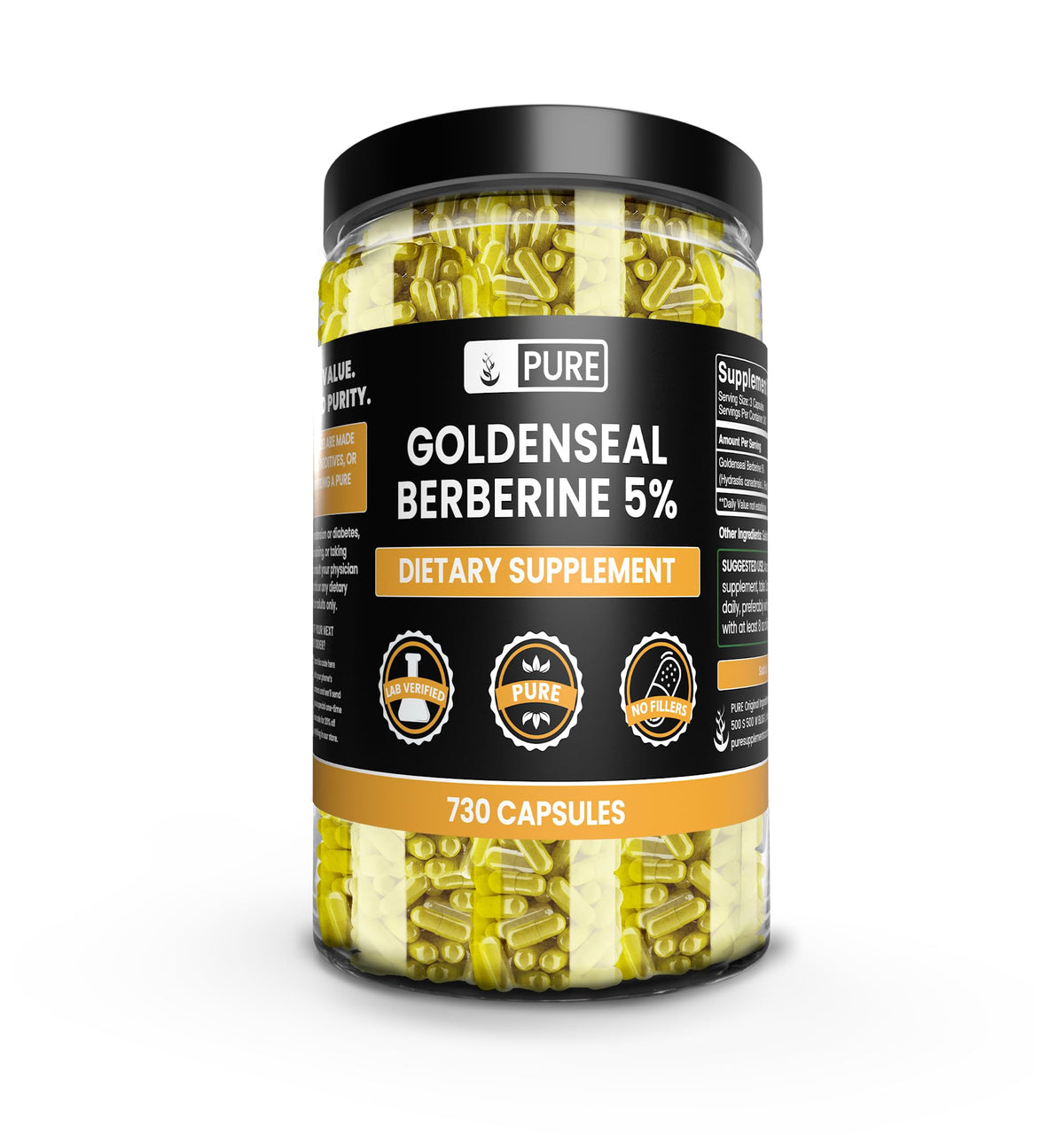 PURE ORIGINAL INGREDIENTS Goldenseal Berberine capsules on a glass bottle for daily wellness.