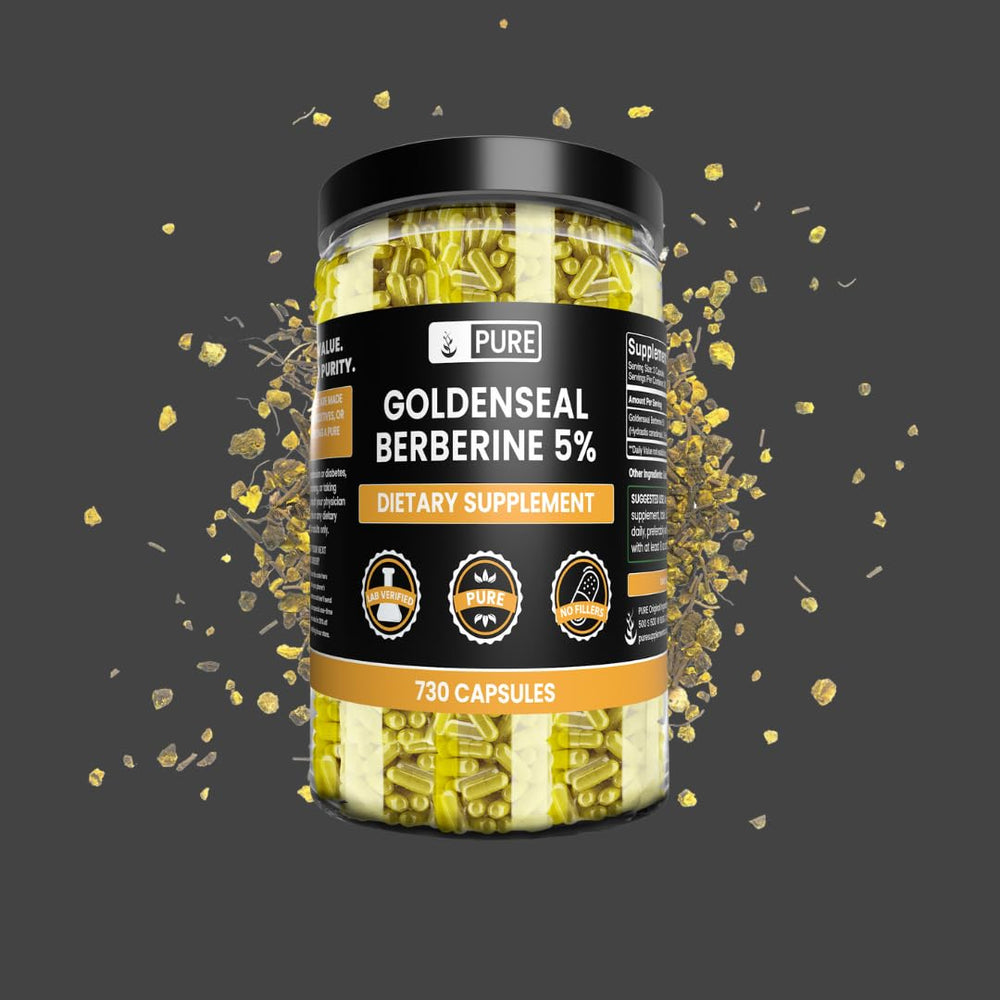 Travel-friendly packaging of PURE ORIGINAL INGREDIENTS Goldenseal Berberine capsules.