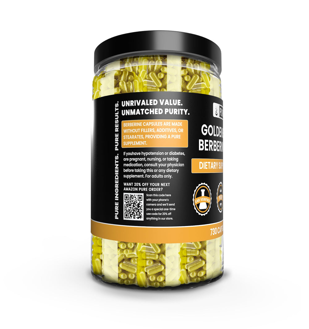 Close-up of the Goldenseal Berberine label on the bottle emphasizing purity.