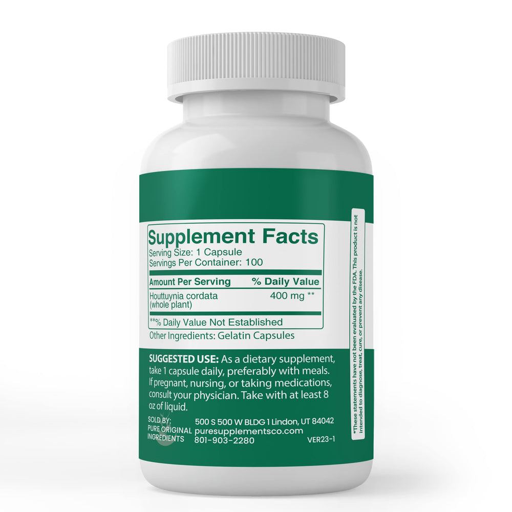 Pure Original Ingredients Houttuynia Cordata label emphasizes purity and lab verification