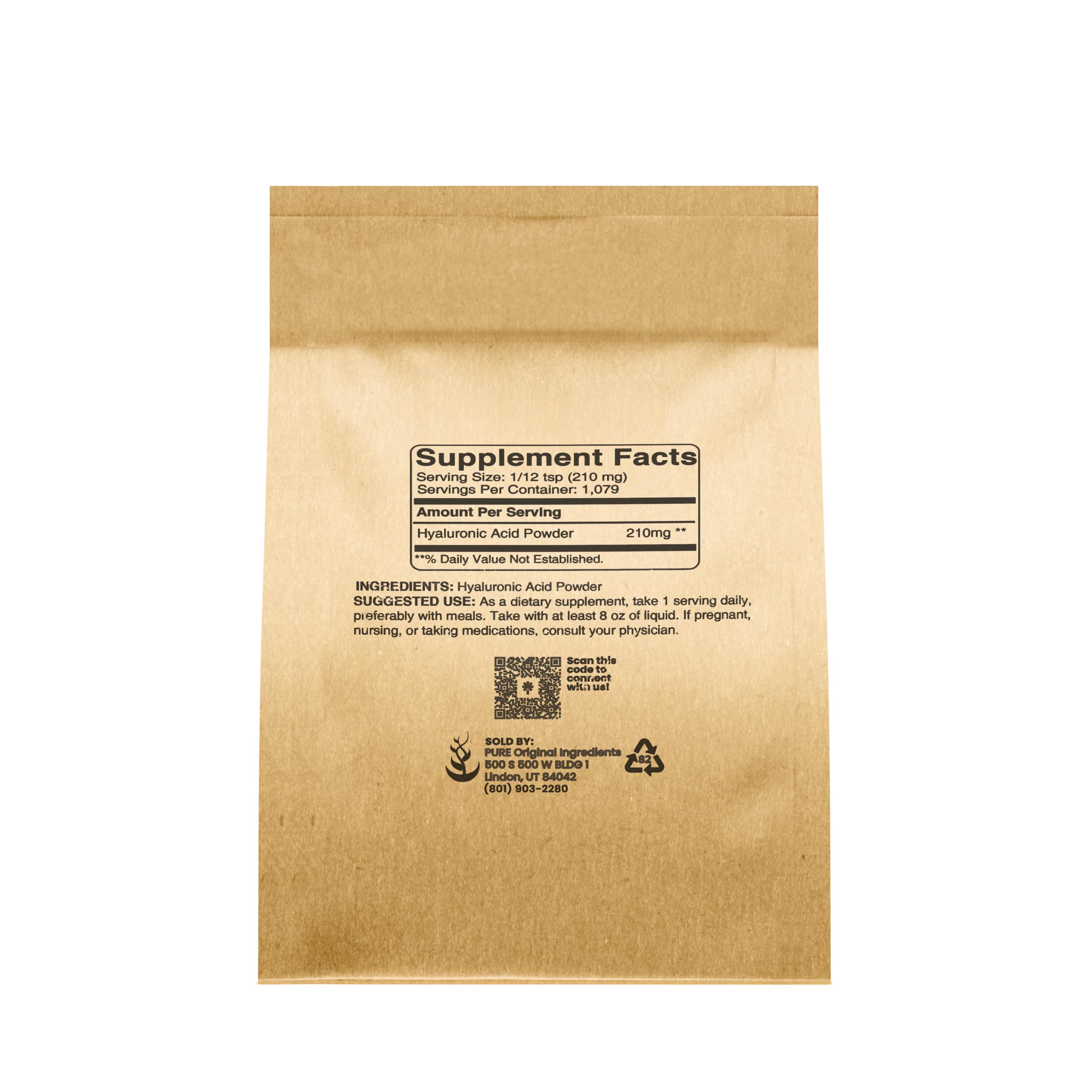 Pure Original Ingredients Hyaluronic Acid Powder scoop shows precise dosing for mixing.