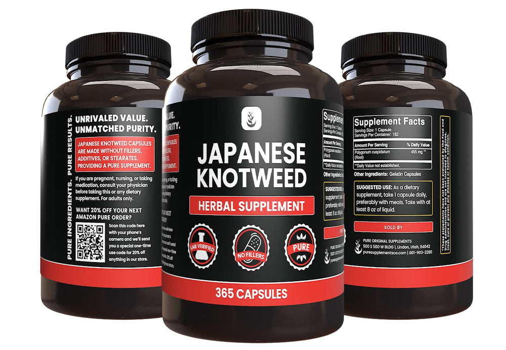 Close-up of Pure Original Ingredients Japanese Knotweed capsules.