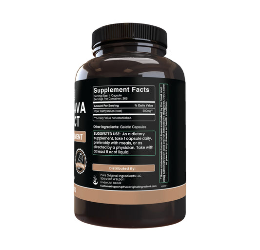 Kava Kava capsules bottle close-up emphasizing clean label and purity.