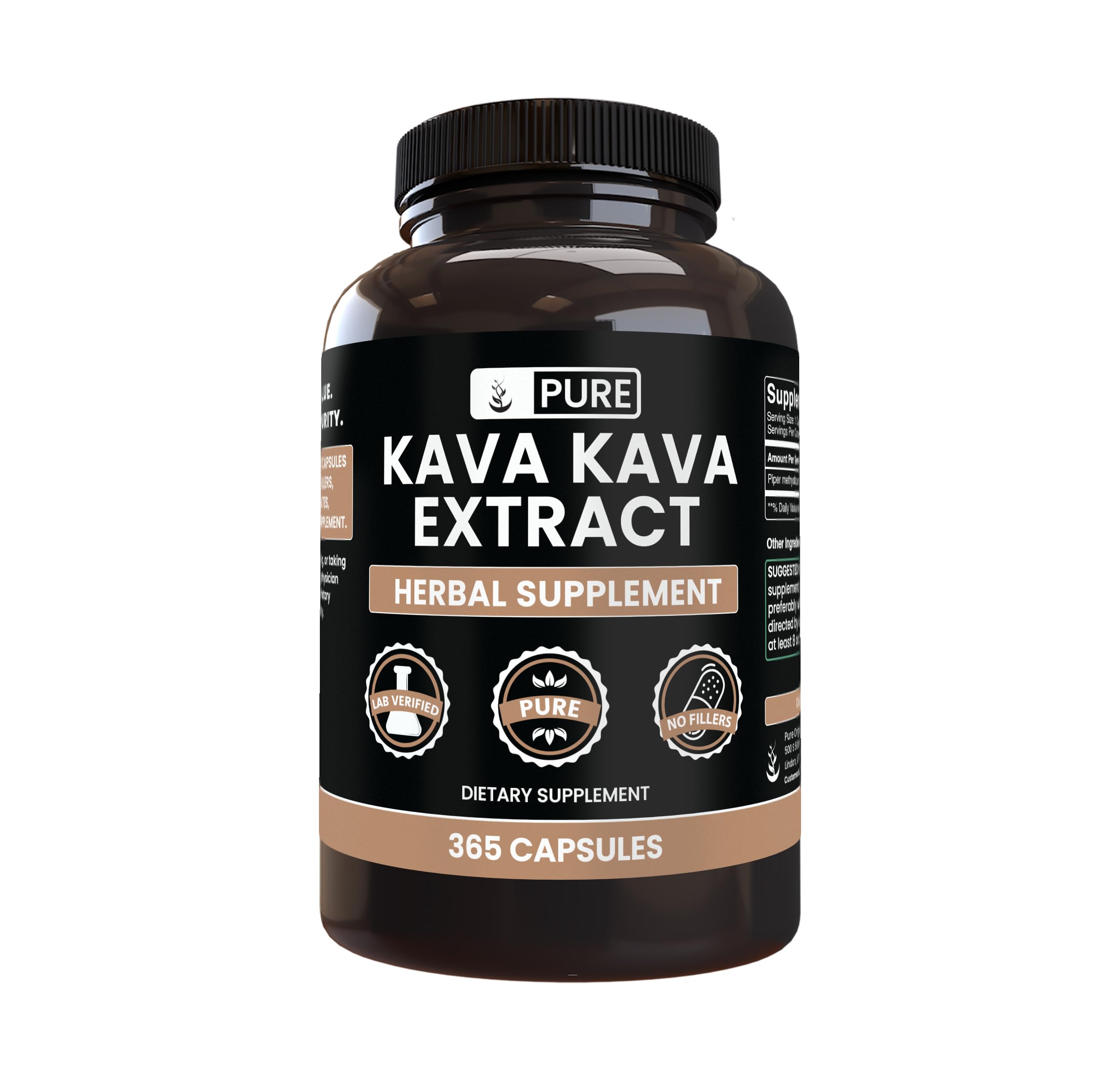 Pure Original Ingredients Kava Kava capsules label close-up showing purity and plant origin.