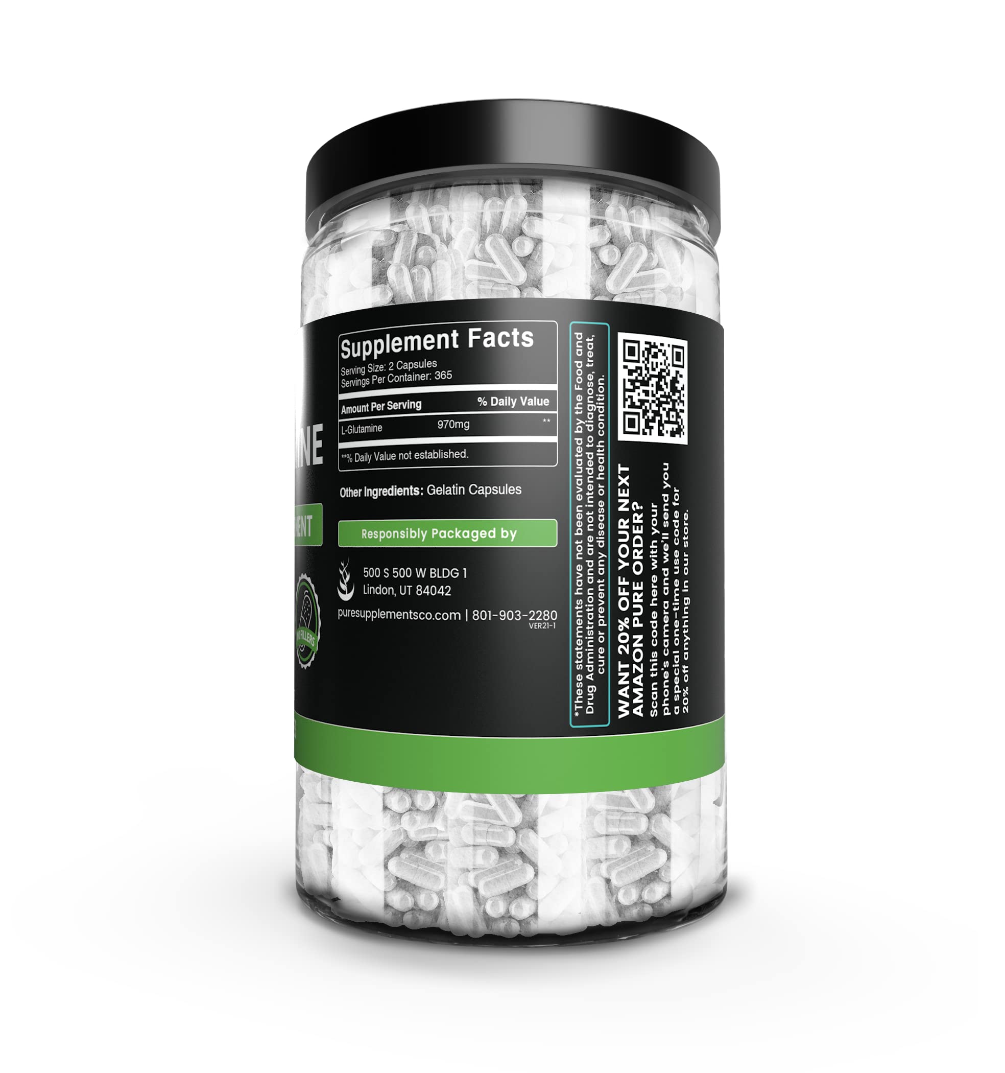 Label close-up of Pure Original Ingredients L-Glutamine emphasizing purity