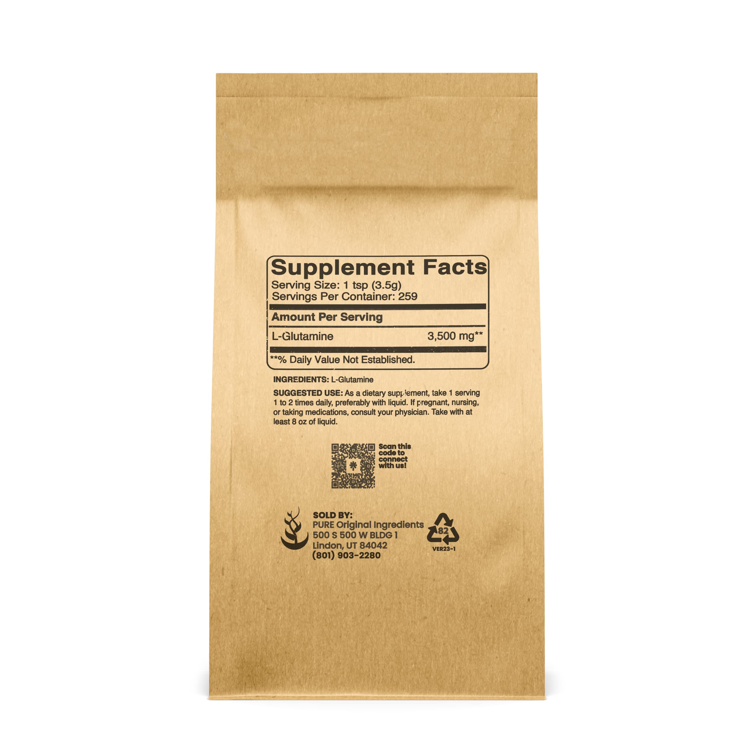 L-Glutamine scoop shows convenient powder for easy mixing and dosing