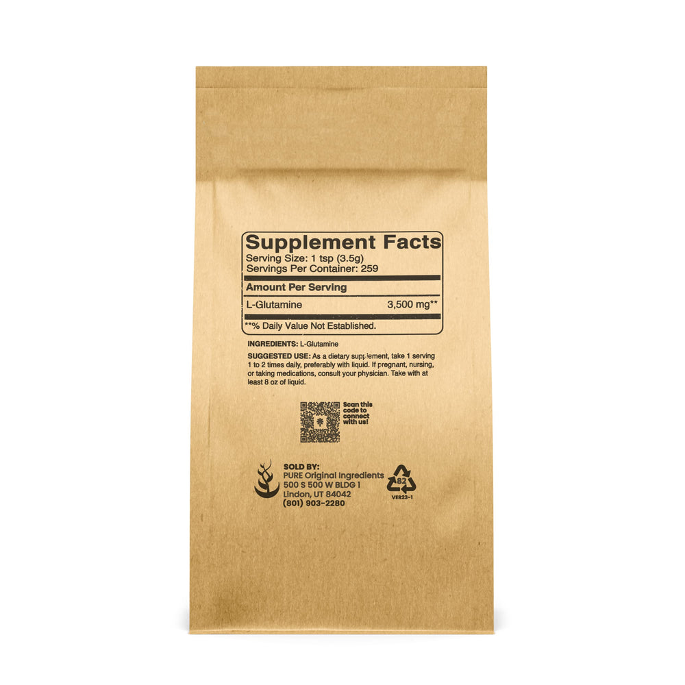 L-Glutamine scoop shows convenient powder for easy mixing and dosing