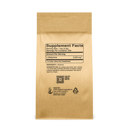 L-Glutamine scoop shows convenient powder for easy mixing and dosing