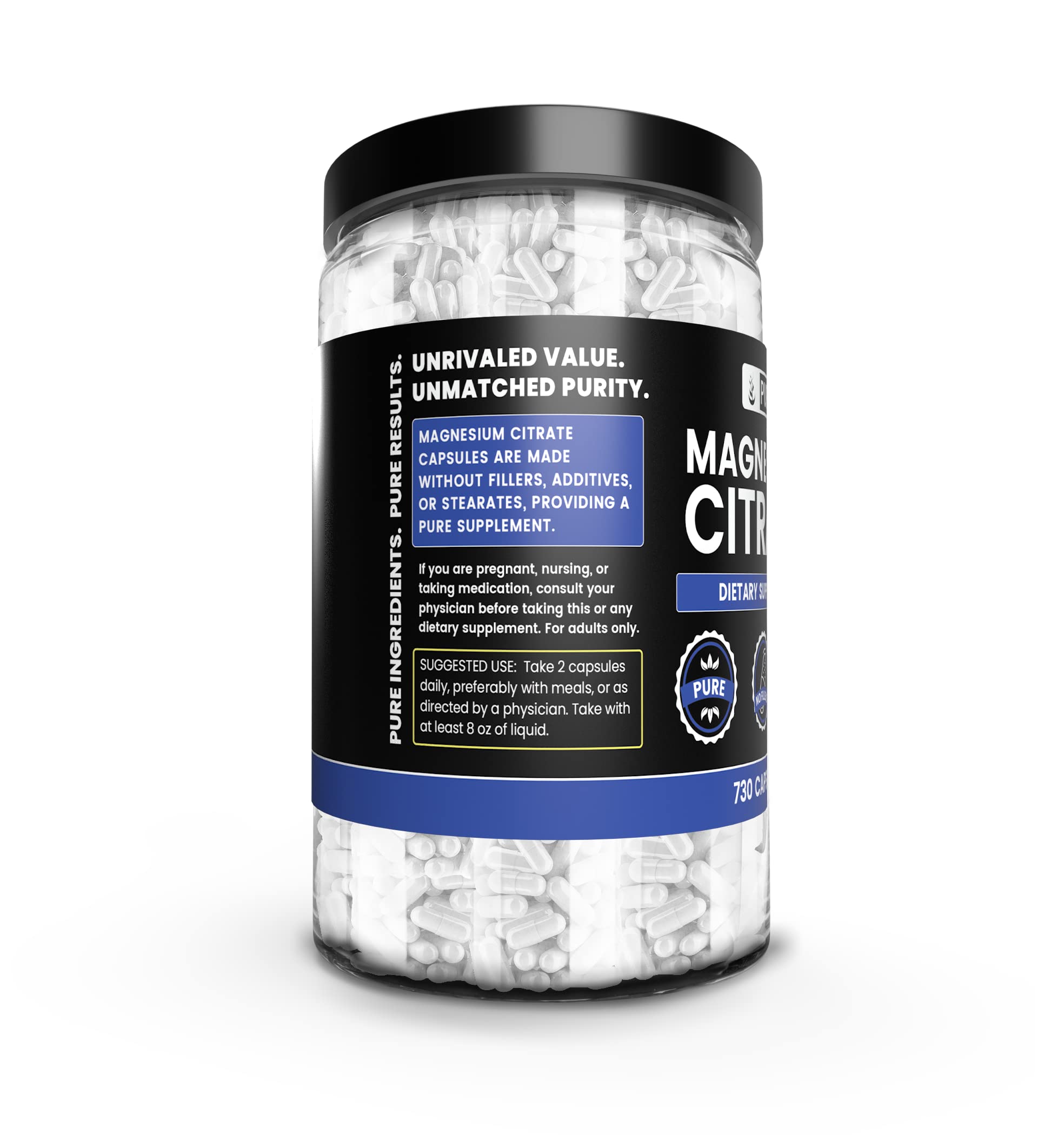Pure Original Ingredients Magnesium Citrate capsules close-up shows pure formula