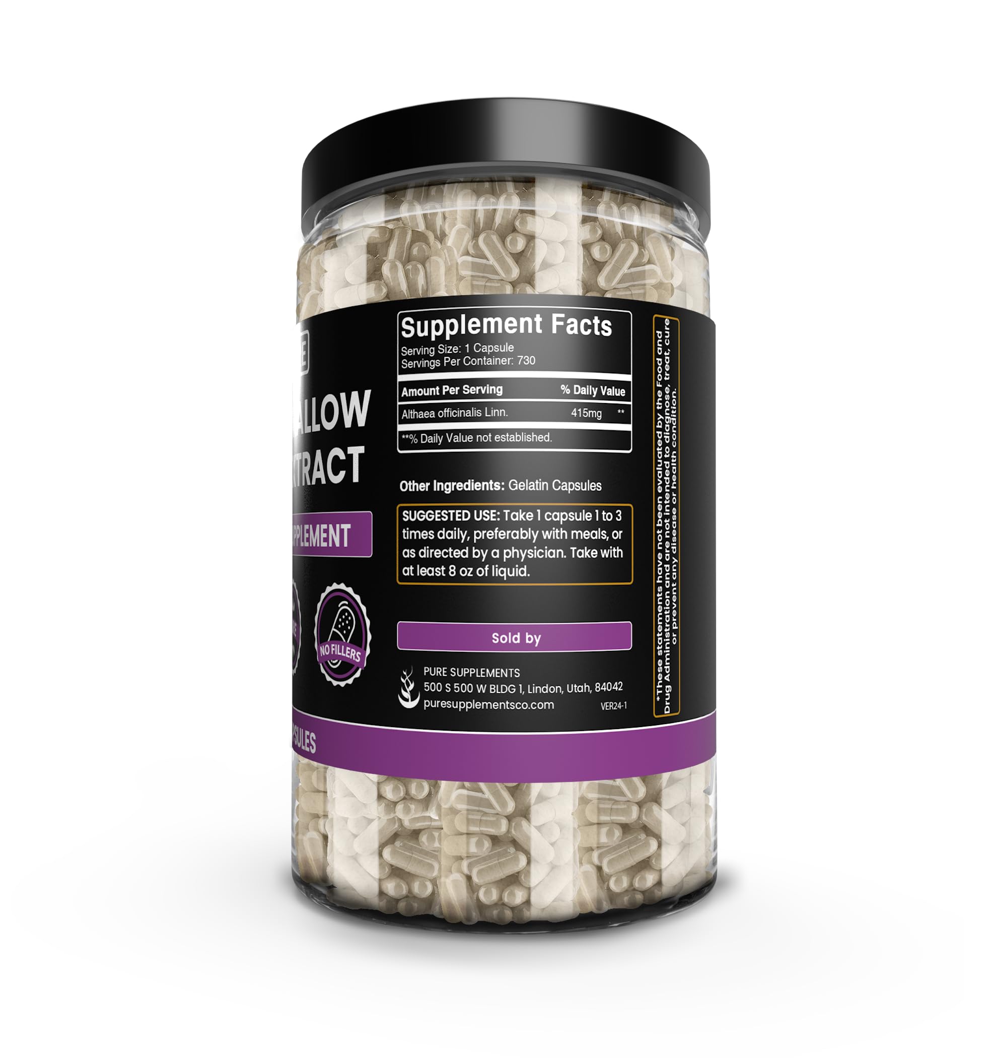 Pure Original Ingredients Marshmallow Root capsules closeup, single-ingredient formula.