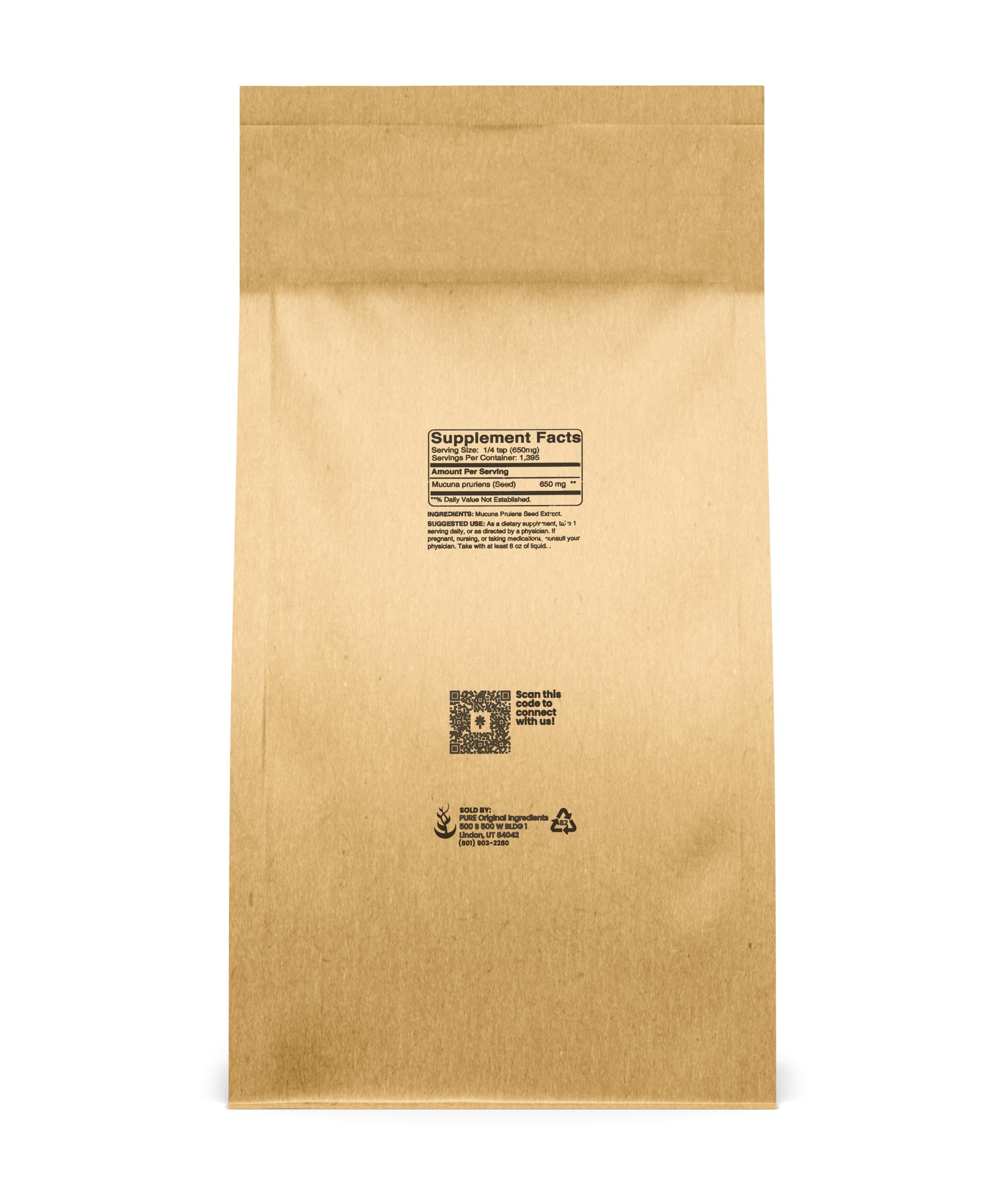 Pure Original Ingredients Mucuna Pruriens powder with scoop enables precise measurements.