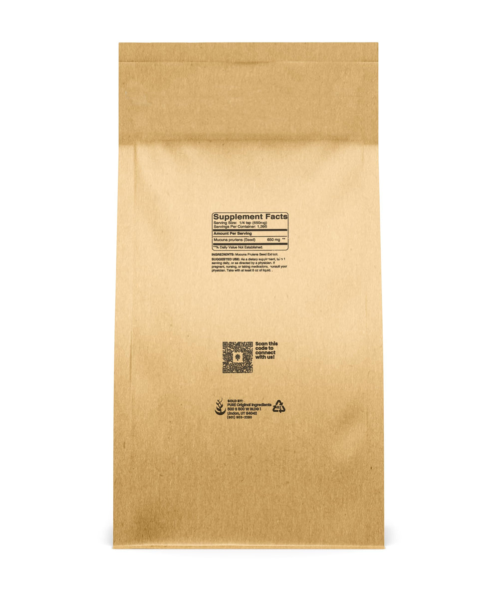 Pure Original Ingredients Mucuna Pruriens powder with scoop enables precise measurements.