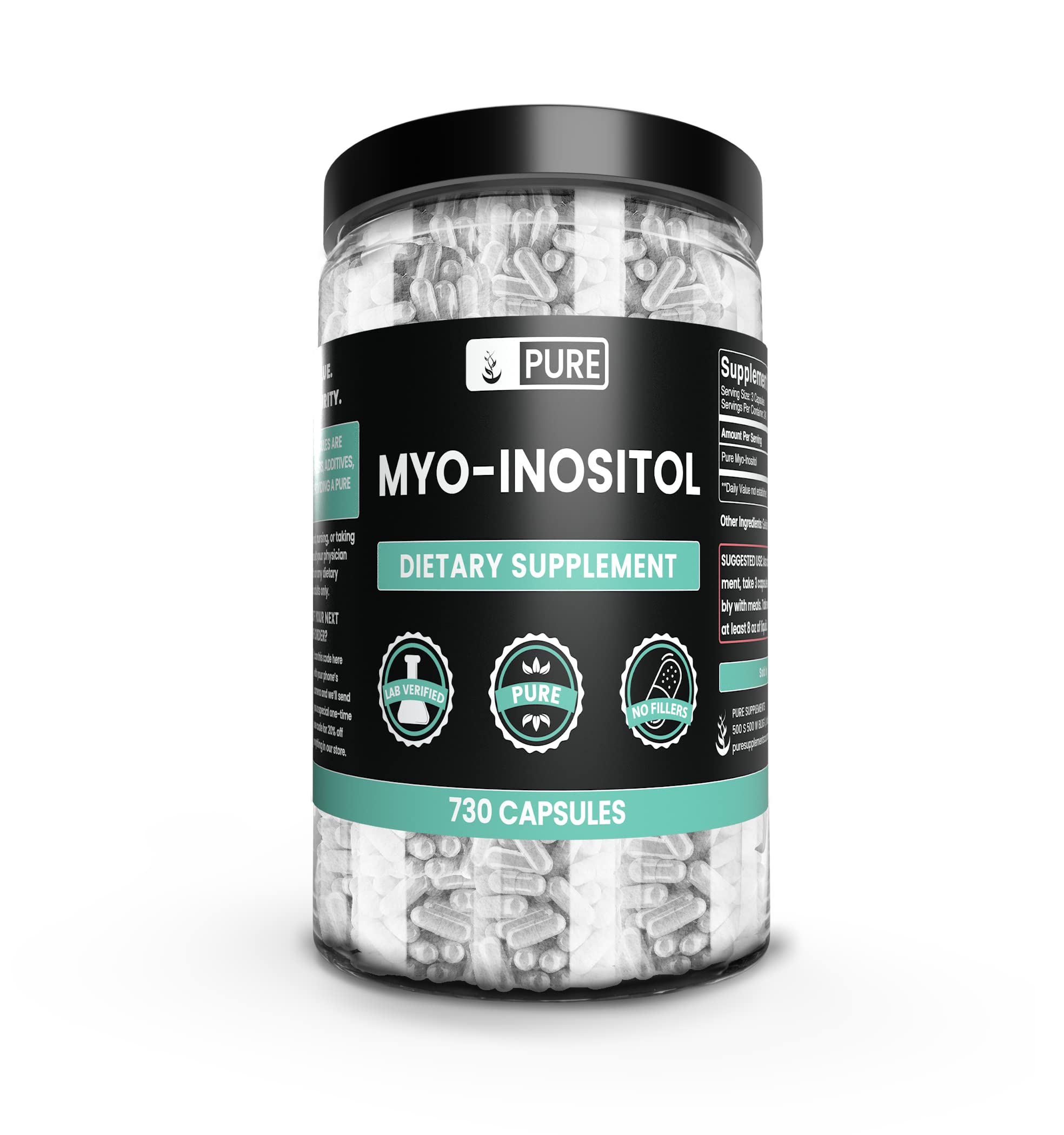 Pure Original Ingredients Myo-Inositol bottle with pure, undiluted capsules for daily use.