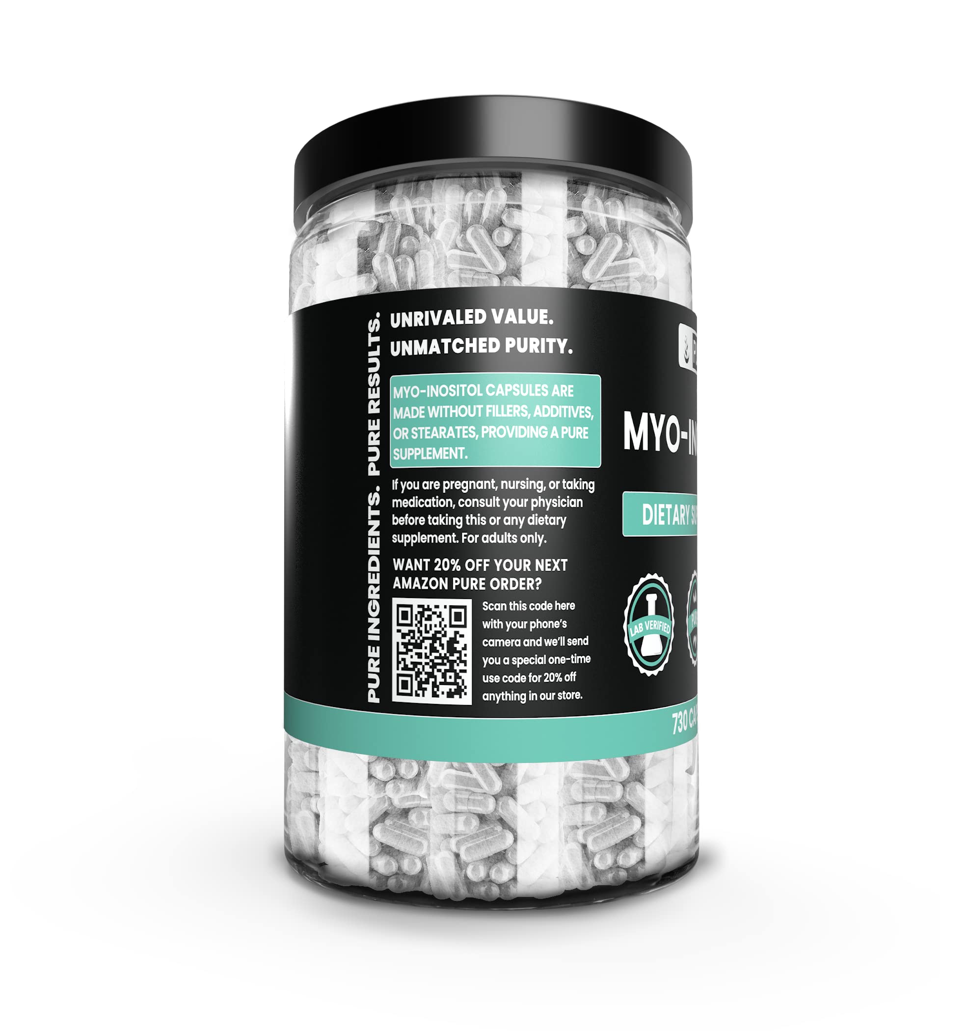 Close-up of Pure Original Ingredients Myo-Inositol capsules highlighting purity and simplicity.