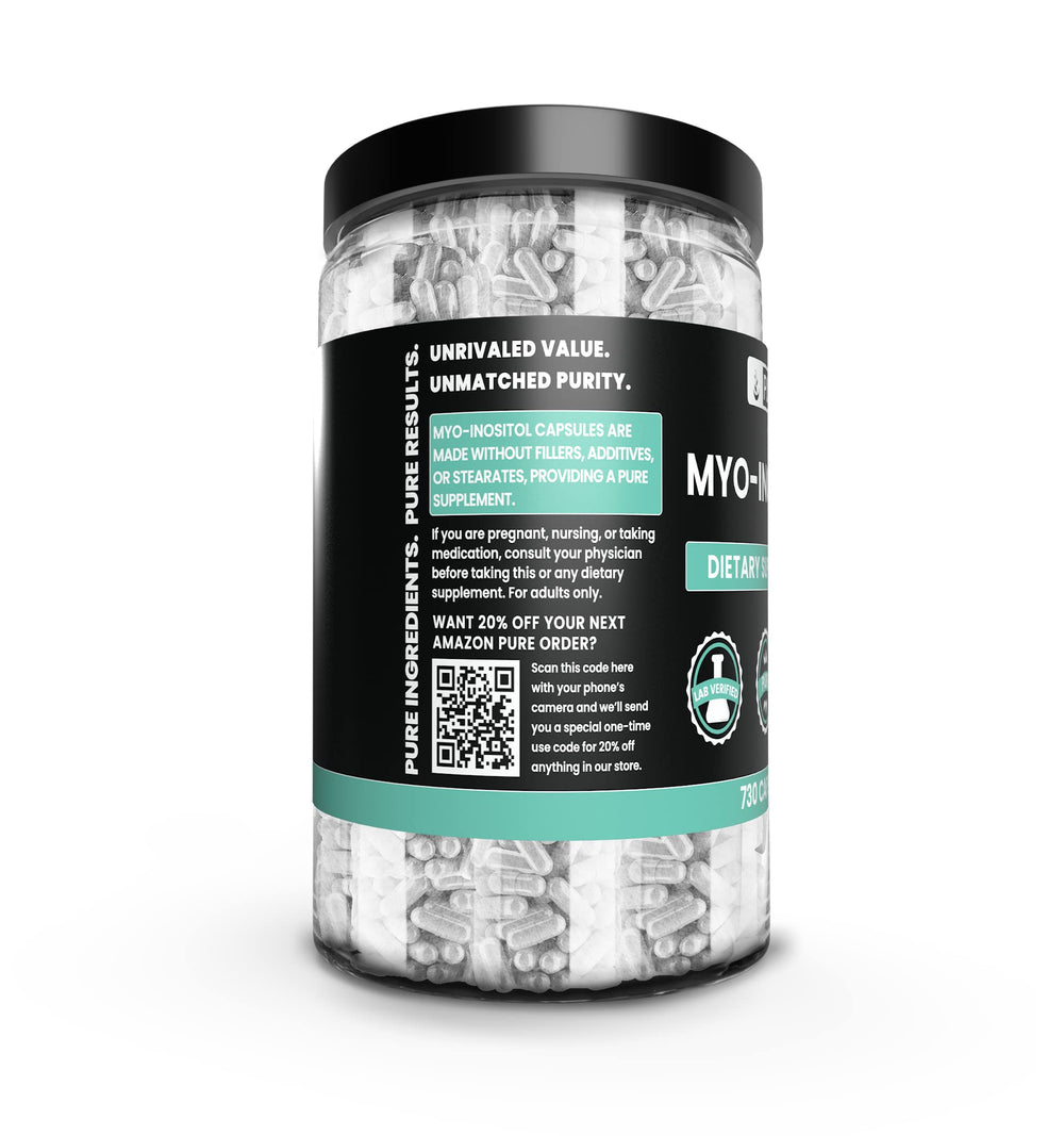 Close-up of Pure Original Ingredients Myo-Inositol capsules highlighting purity and simplicity.
