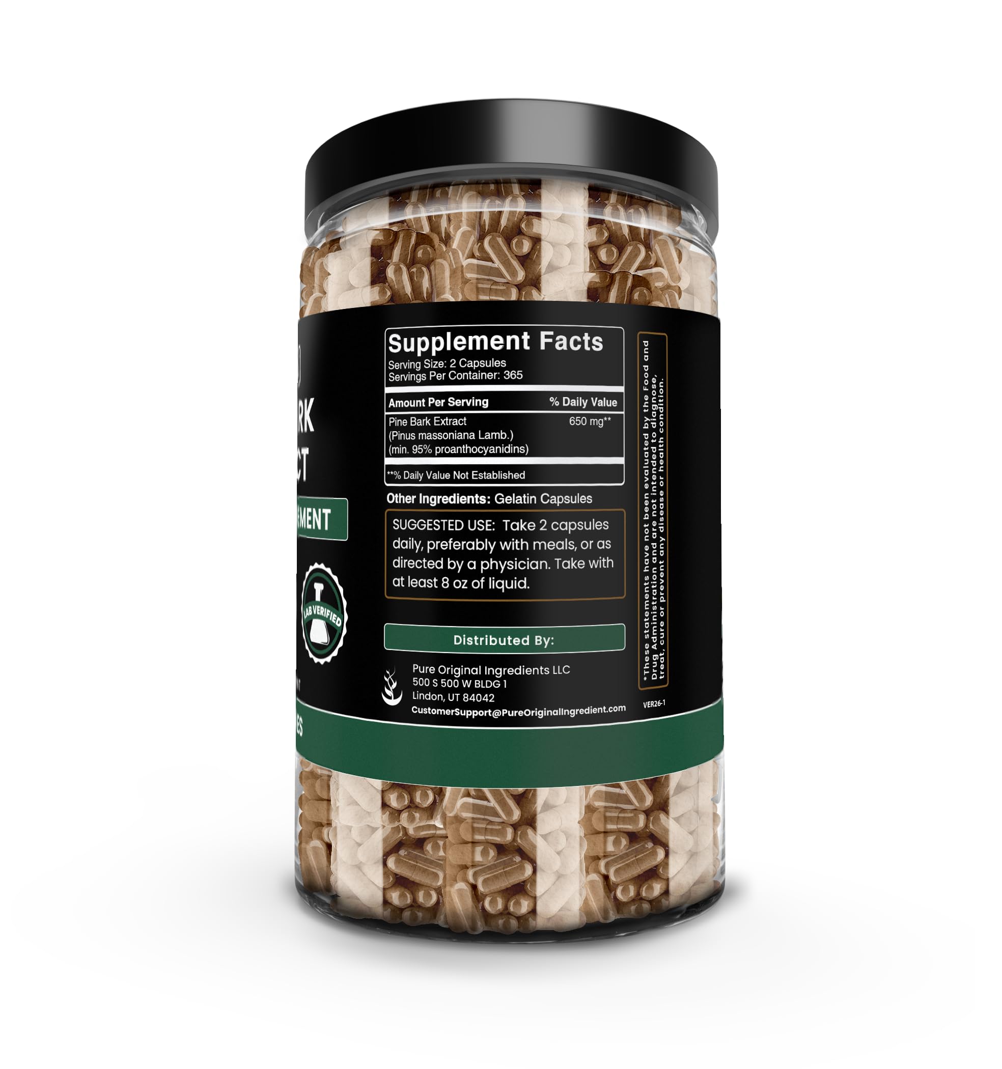 Pure Original Ingredients pine bark capsules close-up showing pure ingredients for easy daily use.