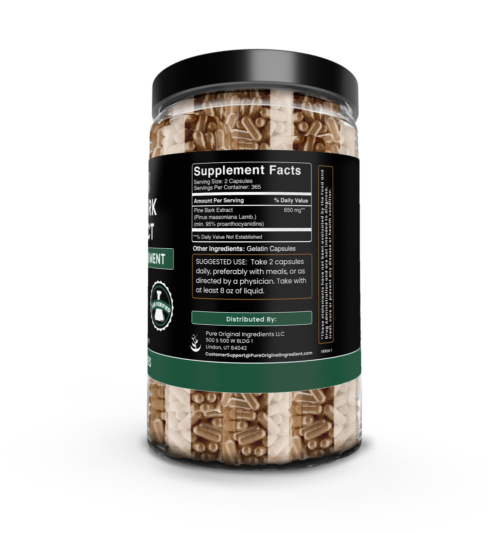 Pure Original Ingredients pine bark capsules close-up showing pure ingredients for easy daily use.