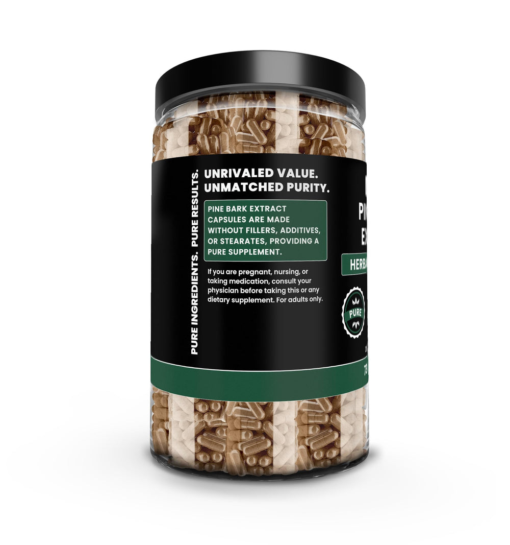 Pure Original Ingredients Pine Bark Extract label highlights no magnesium or rice fillers.