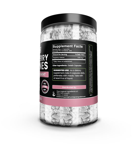 Pure Original Ingredients Raspberry Ketone bottle front showing compact packaging for easy storage