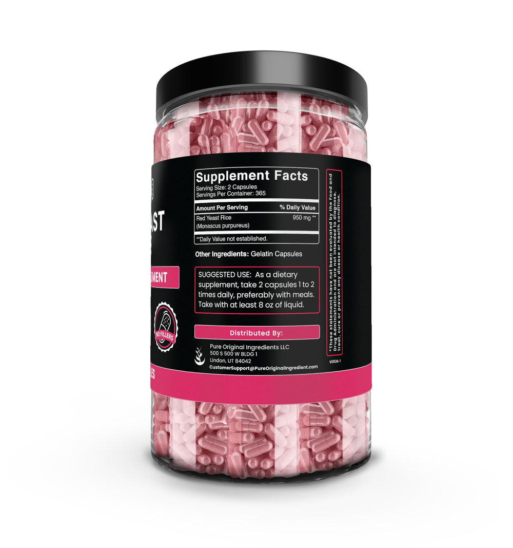 Pure Original Ingredients Red Yeast Rice capsules close-up, showcasing a pure undiluted supplement.