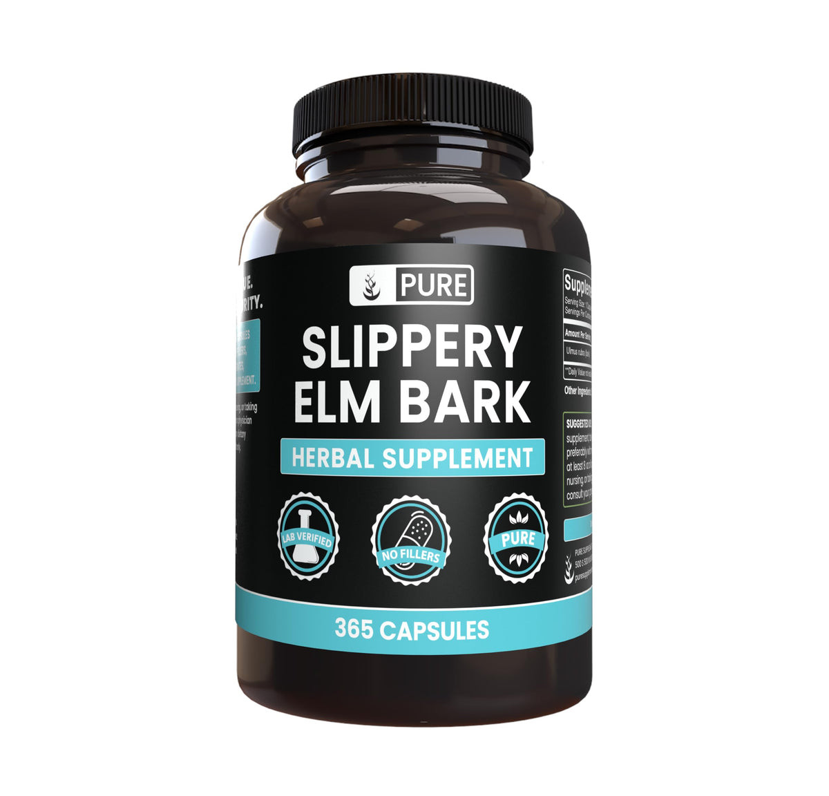 Pure Original Ingredients slippery elm bark capsules on white background highlighting natural mucilage support