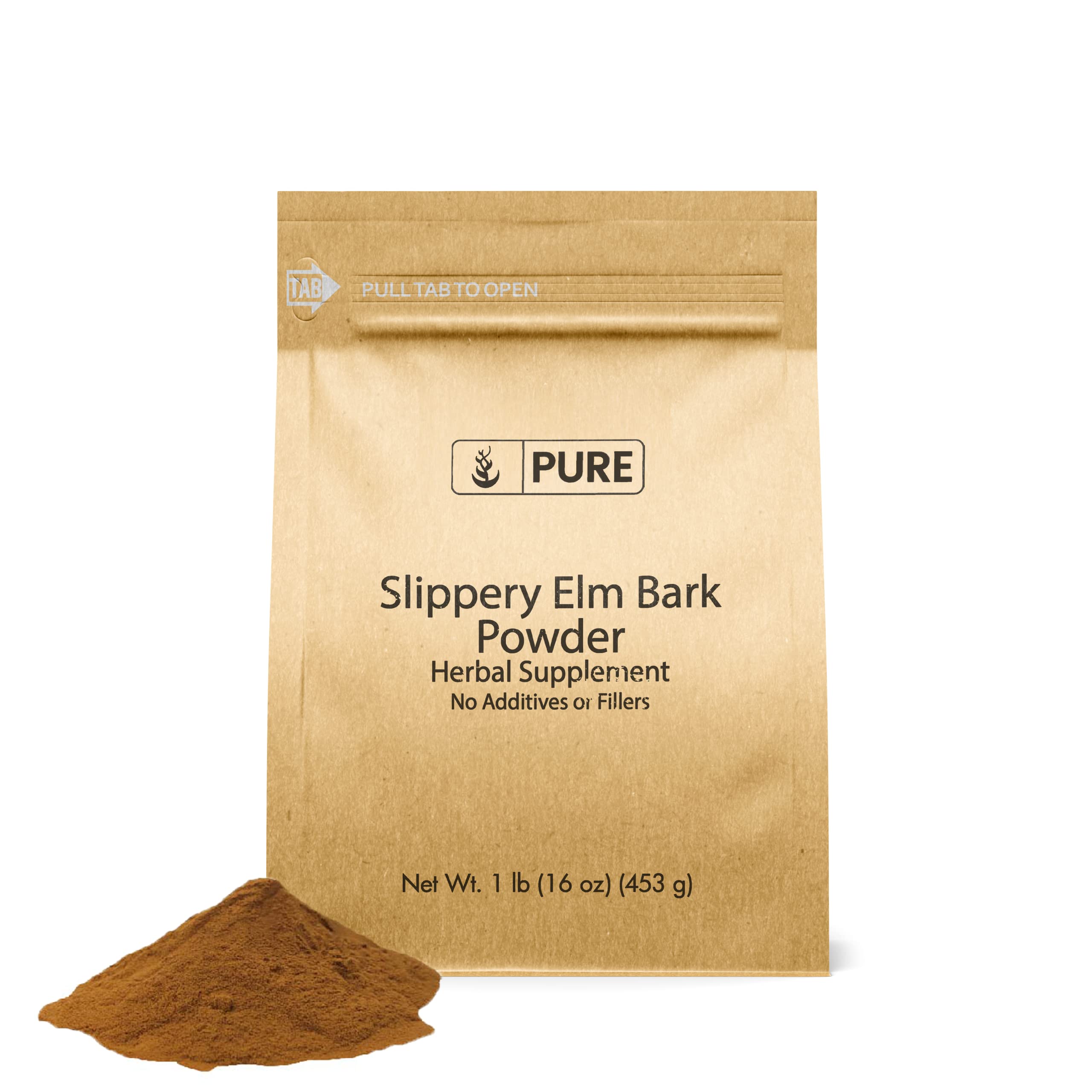 PURE ORIGINAL INGREDIENTS Slippery Elm Bark Powder jar highlights pure, single-ingredient formula for skin poultice prep.