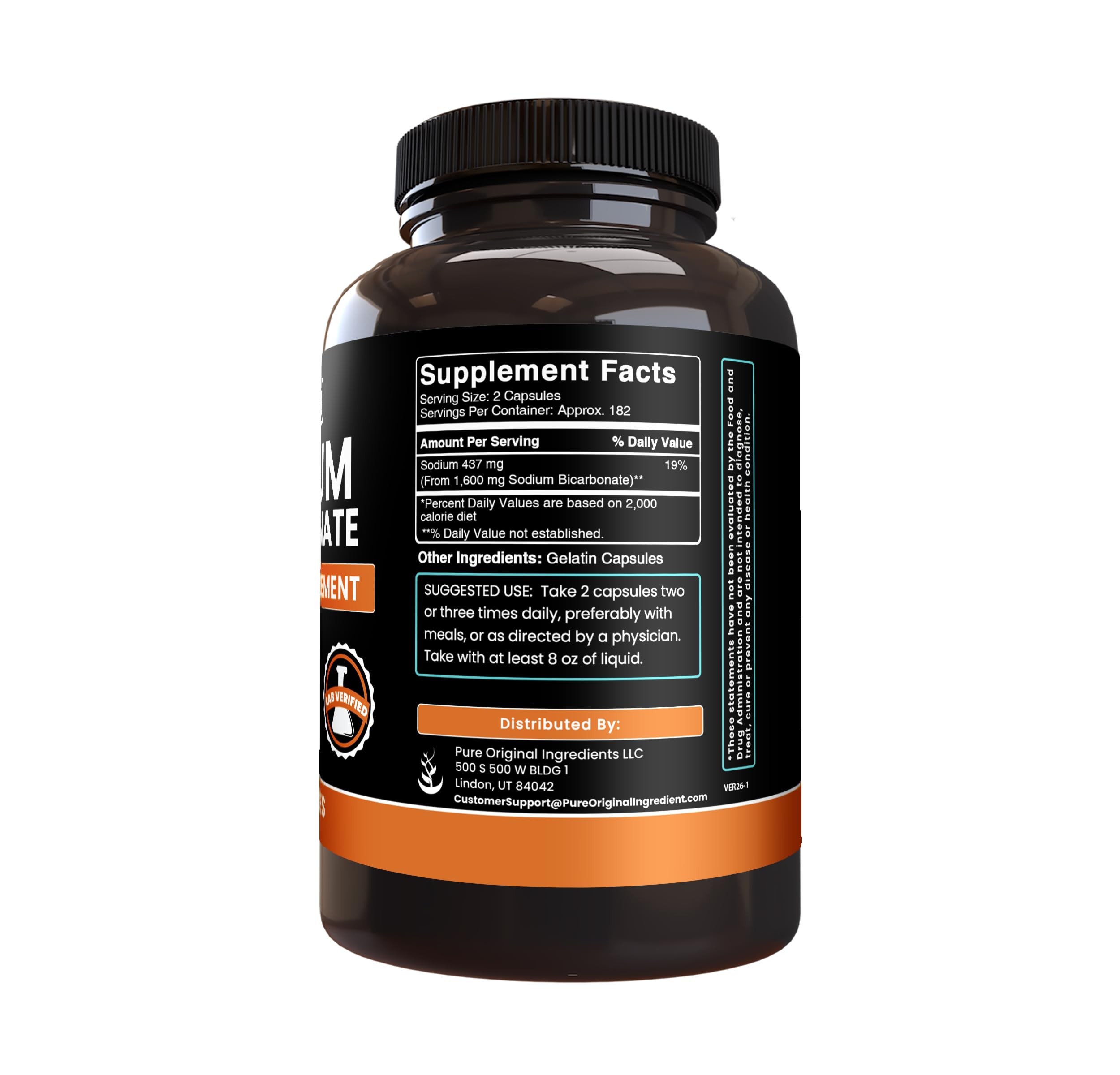 Pure Original Ingredients sodium bicarbonate bottle for easy daily supplementation.