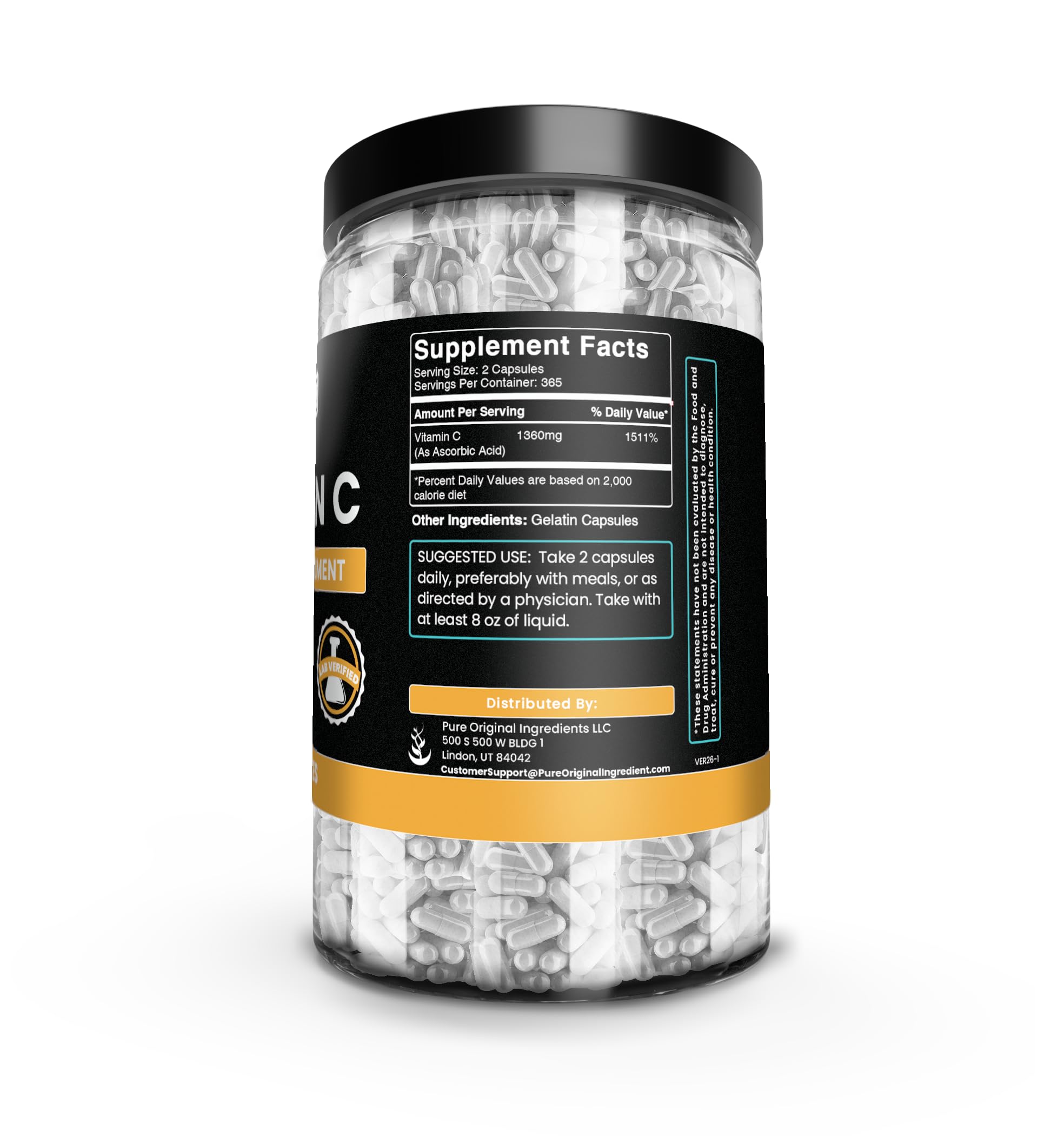 730-count jar of Pure Original Ingredients Vitamin C capsules for a year-long supply.