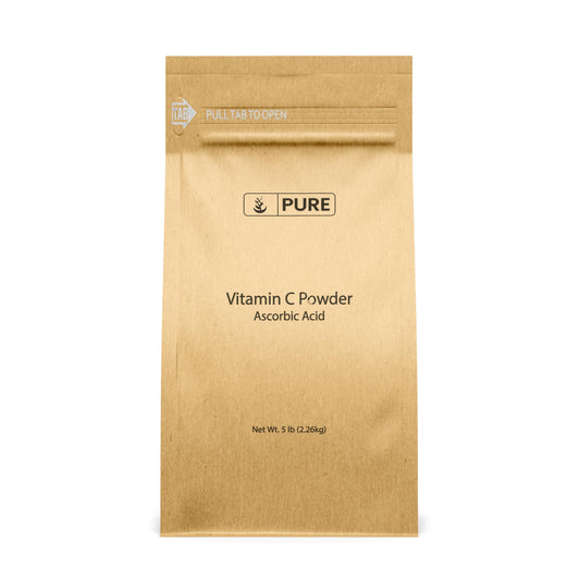 PURE ORIGINAL INGREDIENTS Vitamin C Powder jar, pure single-ingredient ascorbic acid for daily supplementation.