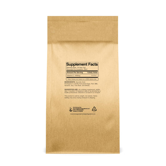 PURE ORIGINAL INGREDIENTS Vitamin C Powder packaging, easy-to-dissolve powder ideal for drinks and skincare.