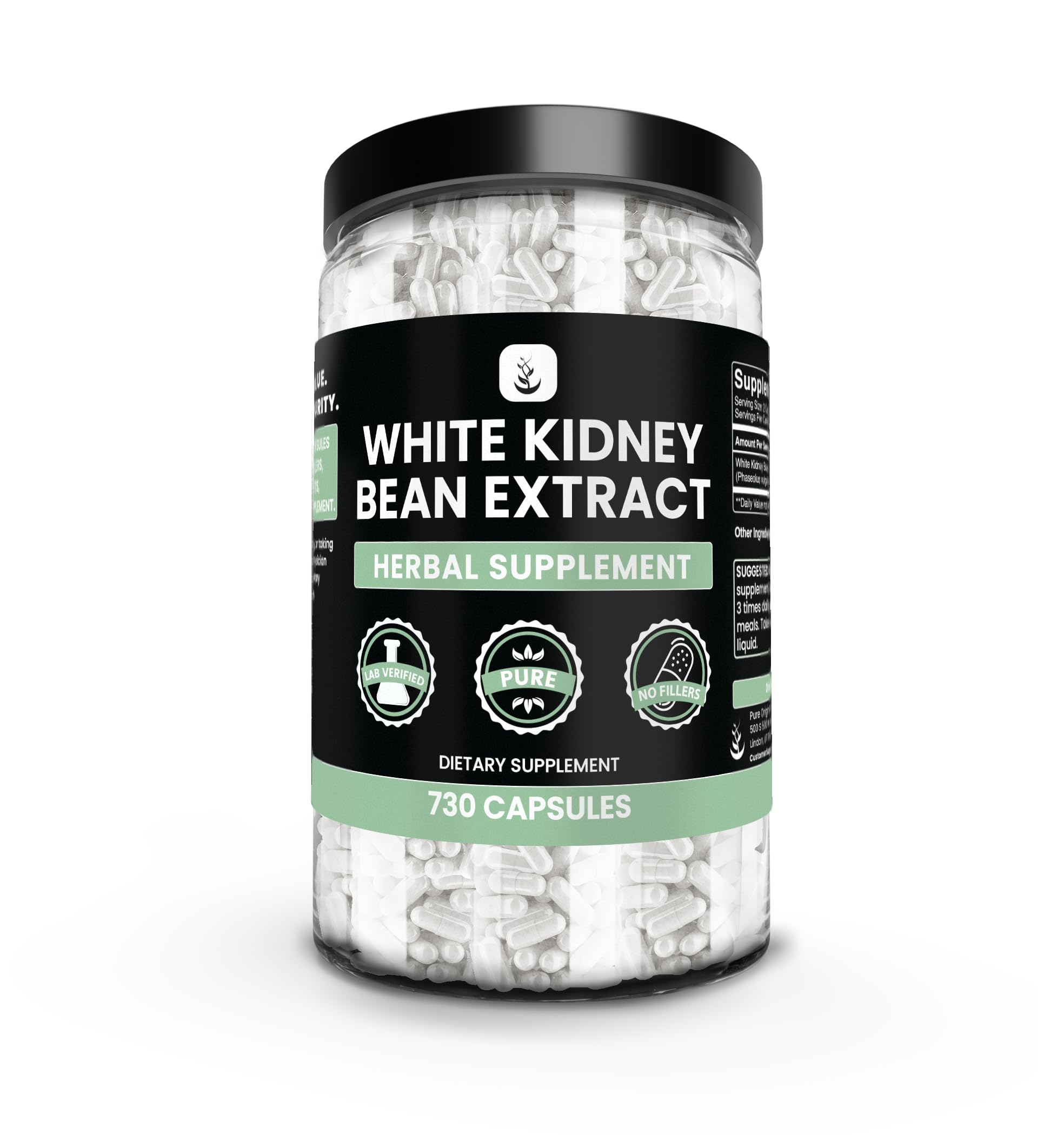 PURE ORIGINAL INGREDIENTS White Kidney Bean Extract bottle with pure, single-ingredient capsules for simple daily wellness.