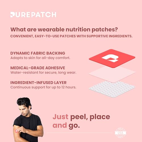 Close-up of Pure Patch Energy Patch application showing peel-and-apply process.