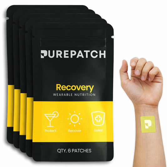 Pure Patch Recovery Patch packaging highlights a vegan, non-ingestible wellness patch for daily use.