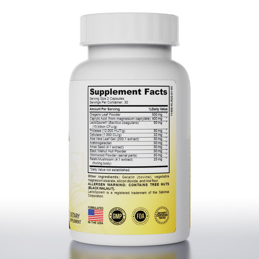 Pure Peak Candida Cleanse bottle back with ingredient list and dosage guidance