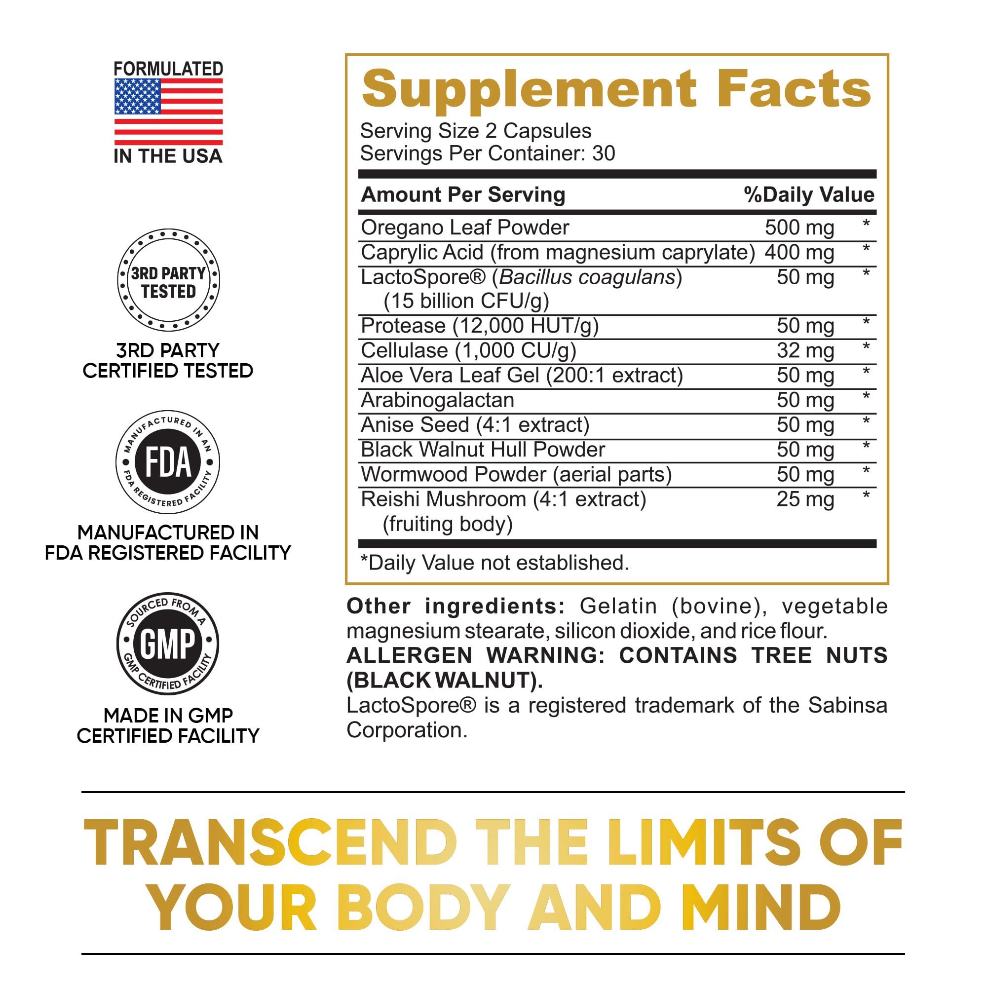Product label highlighting USA manufacturing and third-party testing