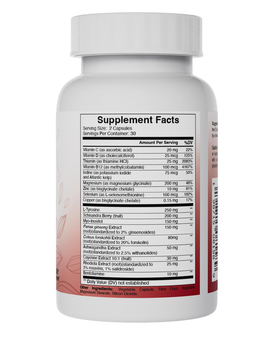 Pure Peak thyroid capsules close-up highlighting natural ingredients for metabolism and focus