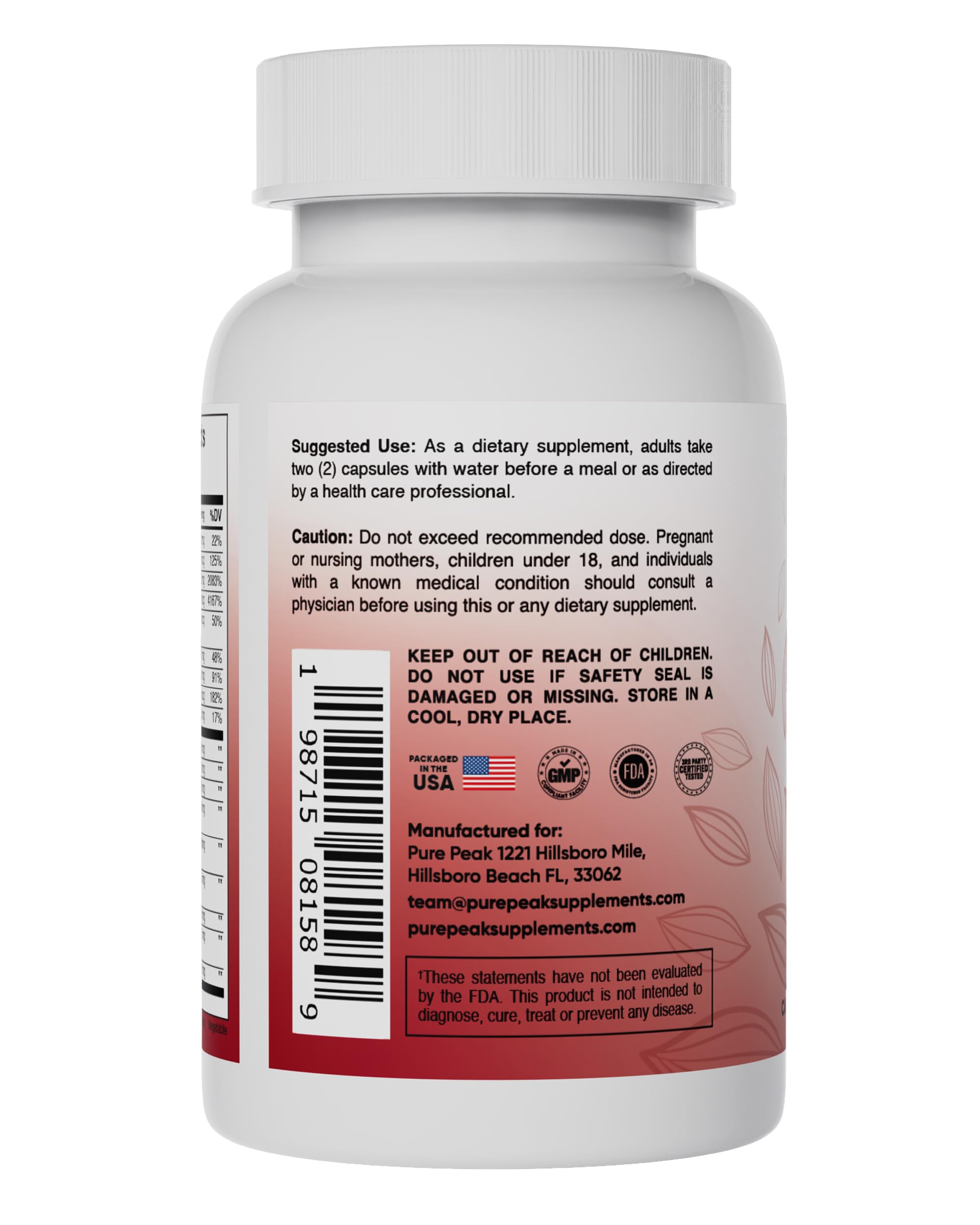 Pure Peak packaging label showcasing USA GMP quality and natural ingredients