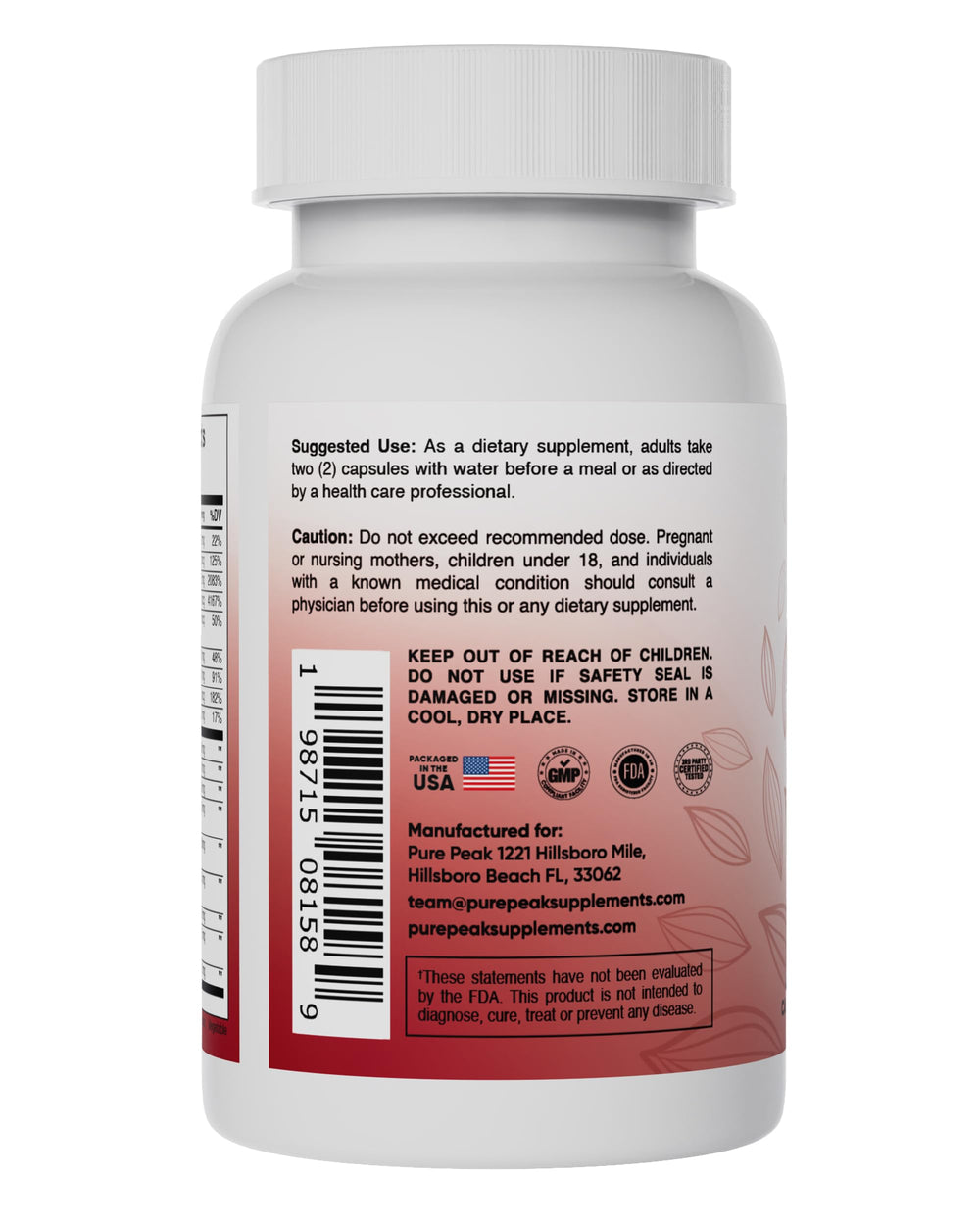 Pure Peak packaging label showcasing USA GMP quality and natural ingredients