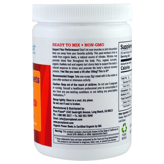 Pure Planet Organic Power Beets pre-workout berry burst label highlights flavor for workouts.