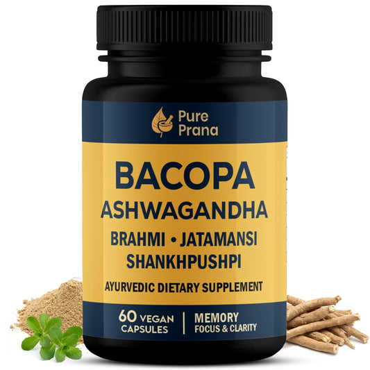 Pure Prana brain supplement bottle on table, suggesting convenient daily brain wellness.