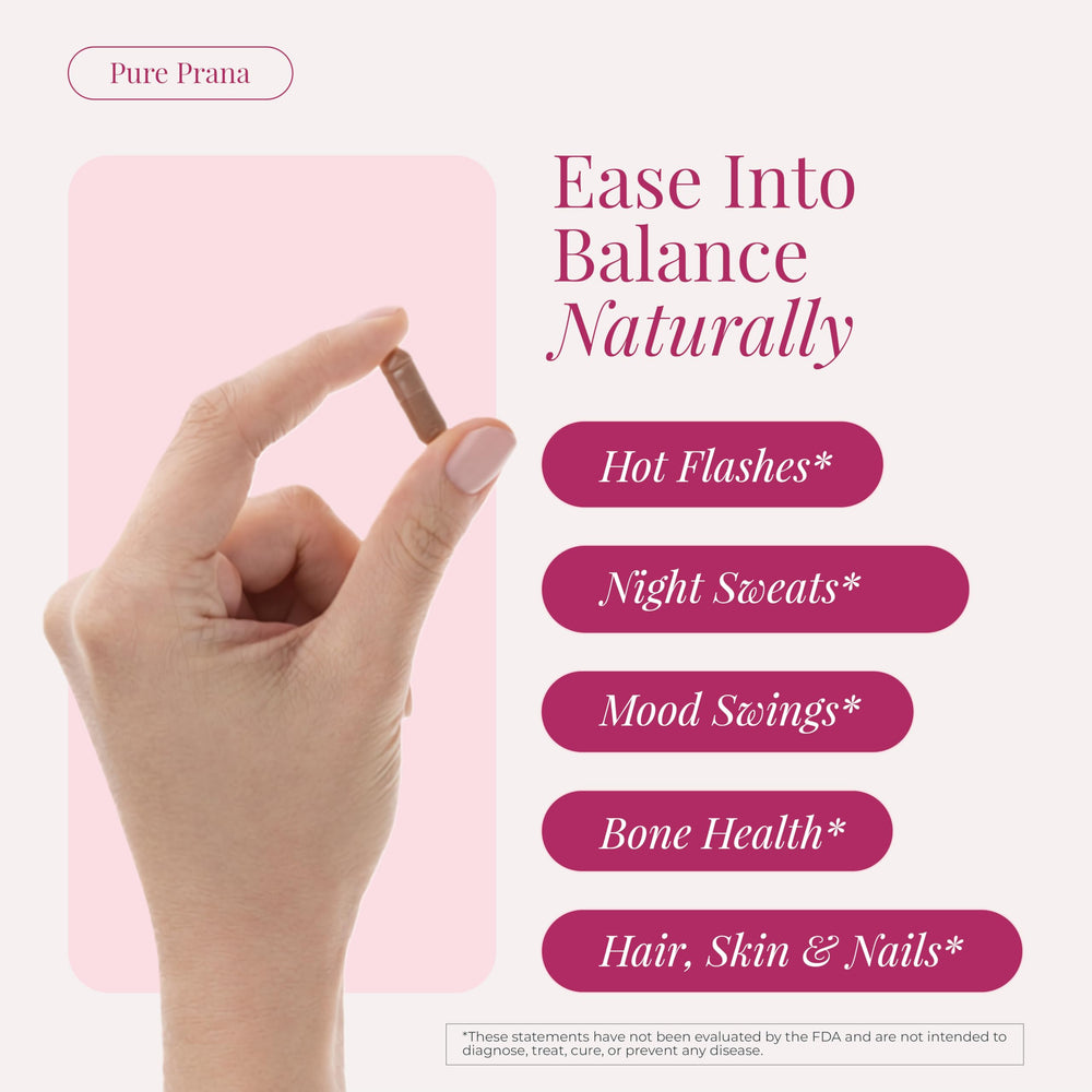 Close-up of the Pure Prana label highlighting Ayurvedic ingredients for balance.