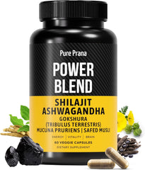 Pure Prana capsules bottle showing Safed Musli and Gokshura blend for daily energy