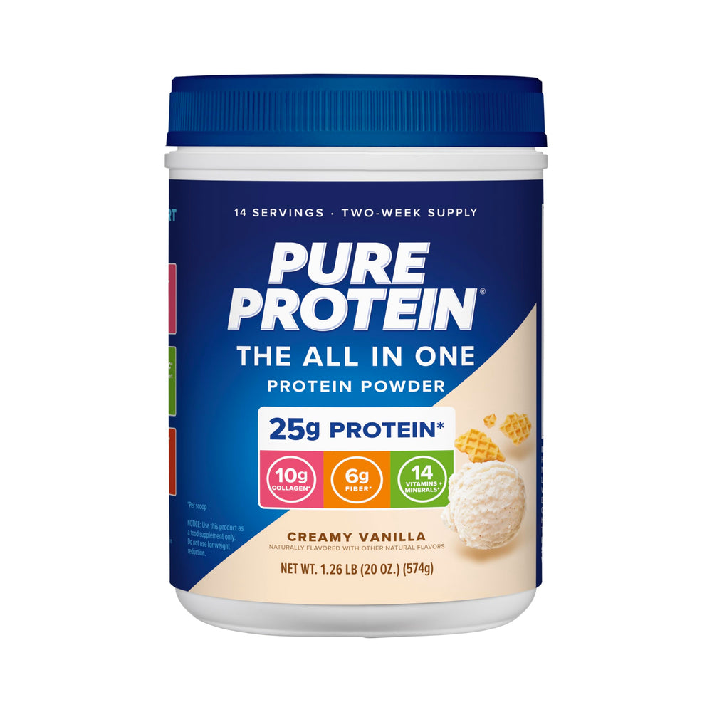 Pure Protein All-In-One Vanilla bottle highlights complete nutrition for active days